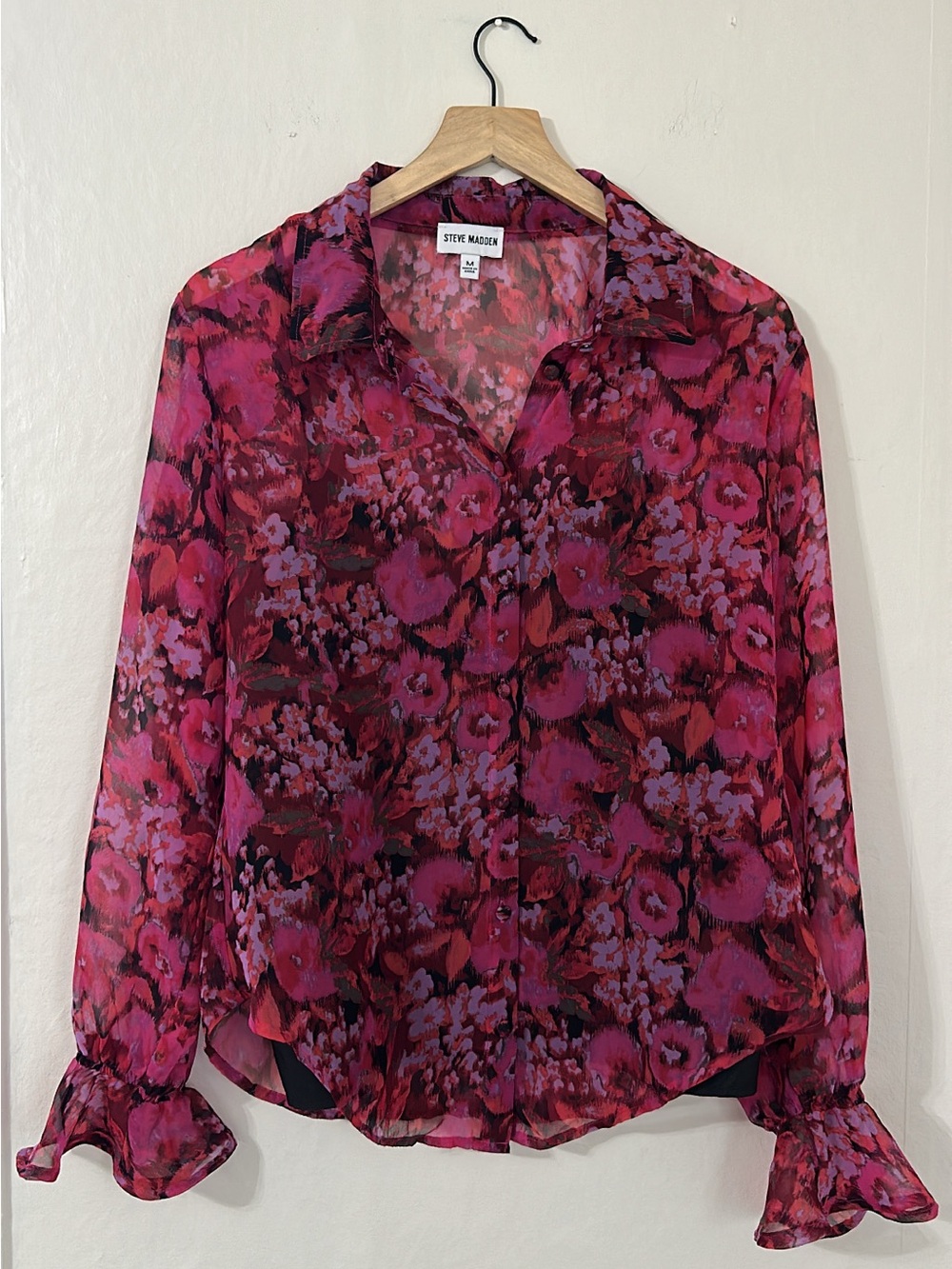 Steve Madden Pink and Purple Floral Sheer Button-Down Blouse